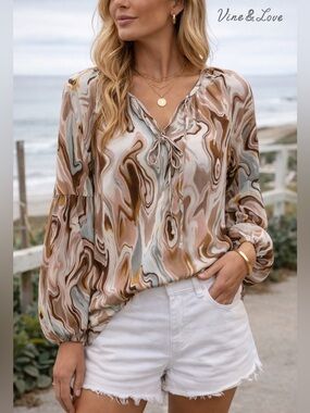 Vine & Love Marble Print Blouse L Boho Balloon Sleeve Flowy Boutique Top